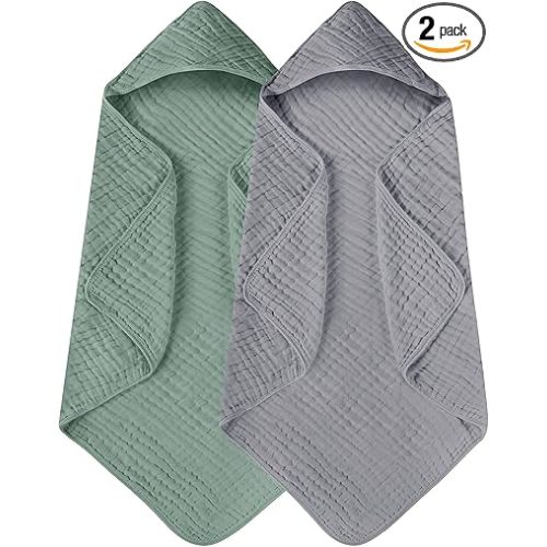 Yoofoss Hooded Baby Towels for Newborn 2 Pack 100% Muslin Cotton Baby Bath Towel with Hood for Babies, Infant, Toddler and Kids, Large 32x32Inch, Soft and Absorbent Newborn Essential
