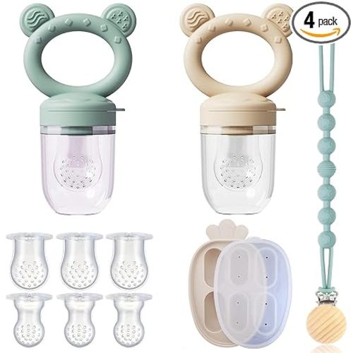 4 Pack Stylish Anti-Drop Baby Fruit Feeder & Breastmilk Popsicle Molds for Teething with Lids, The Perfect Food Feeder, Teether Pacifier, Easy-to-Clean Silicone Feeder Teethers, Extra Silicone Clips