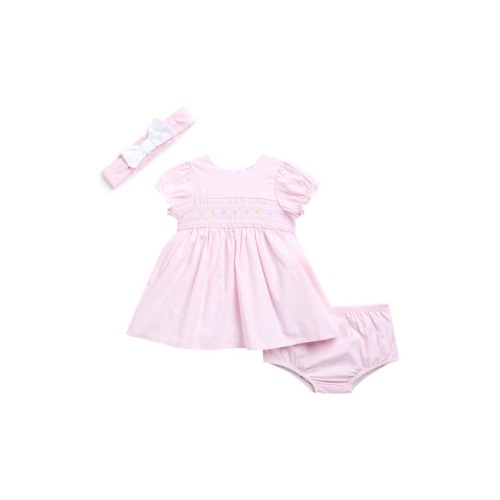 Flower Embroidered Smocked Dress & Headband Set, 3M