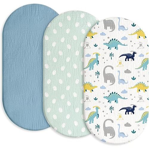 Gllquen Baby Muslin Bassinet Sheets 3 Pack, Breathable Cozy Cotton Fitted Bassinet Mattress Sheet for Baby Boy Girls, Fit for Hourglass Oval Rectangular Cradle Pad Sheets 33"x17"(Dinosaur)