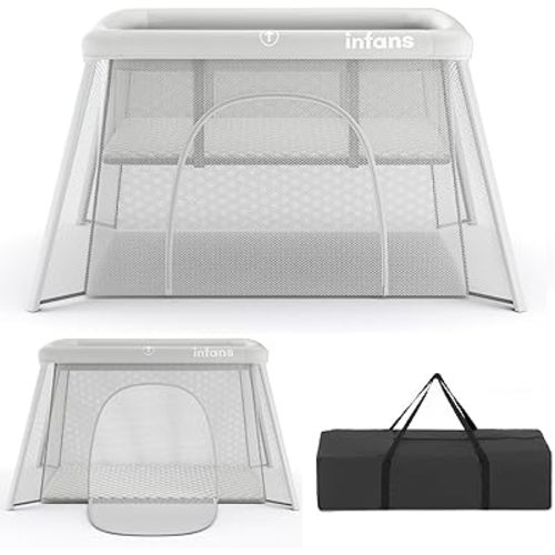 INFANS Travel Crib, Portable Baby Playpen with Removable Bassinet Soft Mattress Carry Bag, Foldable Lightweight Playard Nursery Center for Newborns Toddlers (Light Gray)