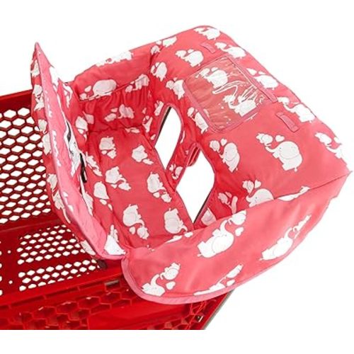 2-in-1 Shopping Cart and High Chair Cover for Baby, Padded Cover, Fold'n Roll Style, Portable with Carry Bag (Pink Elephant)