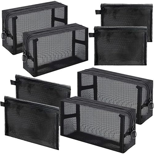 8 Pieces Mesh Makeup Cosmetic Bag Set Pouch,Portable Clear Travel Toiletry Makeup Kit Bag Diaper Organizer,Nylon Mesh Zipper Pouch Purse Beauty Storage Bag for Women Home Office Travel Accessory Black