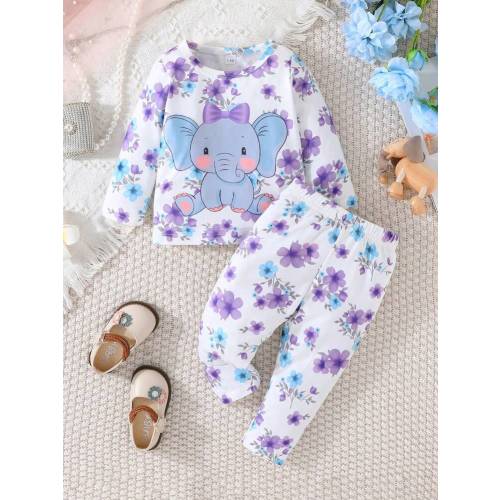 Baby Girls' Spring And Autumn Long Sleeved Casual Elephant Printed Outfit | SHEIN USA