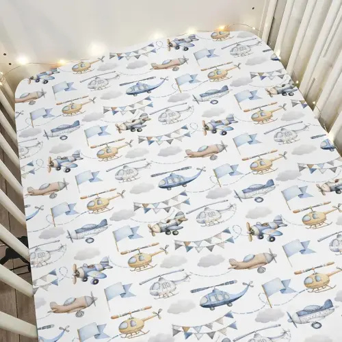Watercolor Blue Airplanes Helicopters Baby Crib Sheets for Boy Girl 52x28Inch Vintage Aircraft Soft Snug Fitted Crib Mattress Cover Air Transport Travel Baby Sheet for Crib & Toddler Bed Mattress