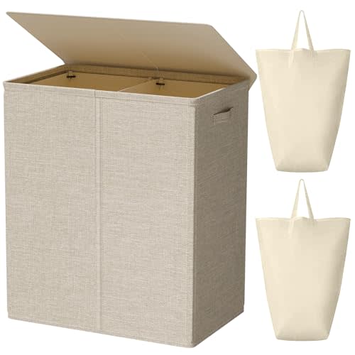WOWLIVE 154L Double Laundry Hamper with Lid and Removable Laundry Bags, Large Dirty Clothes Hamper 2 section Collapsible Laundry Basket Dorm Room Storage for Bedroom, Bathroom, College,Wheat