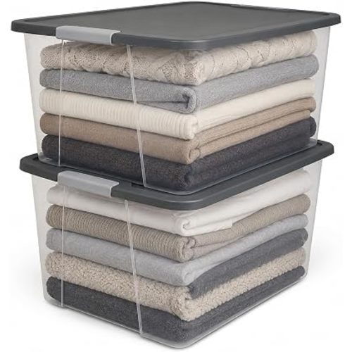 HOMZ 2-Pack Secure Latch, Clear Plastic Storage Organizer Bins, 64 Quart, Gray Lid - Heavy-Duty Container Boxes with Lids for Home, Office, and Garage