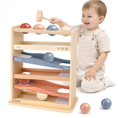 Vanplay Montessori Ball Drop Toys for 1 2 Year Old Boy Girls Birthday Gifts | Wooden Hammer Rolling Ball Toy for Toddlers 1-3, Cause and Effect Toy for Baby 12M+ One First Gift, Fully Assembled, All Wood