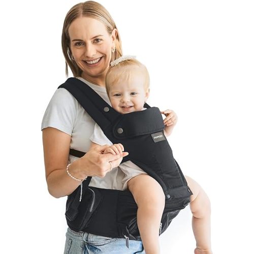 Momcozy Baby Carrier with Hip Seat, 2-in-1 Forward-Facing Carry for Active Babies, Detachable Hands-Free Infant Carrier up to 44lbs, All Seasons Toddler Carrier Fits Waist Sizes up to 45 Inches, Black