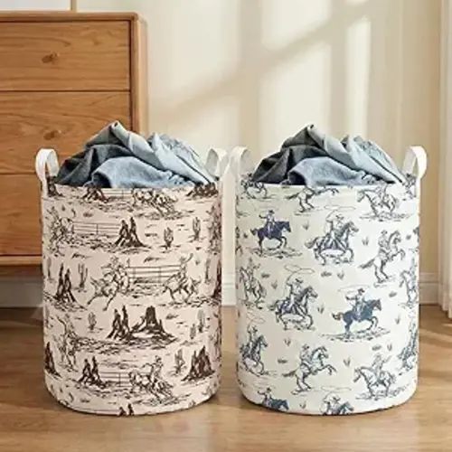 2Pcs Western Cowboy Cute Kids Laundry Basket Baby Nursery Hamper Western Room Decor Foldable Oxford Cloth Funny Tote Clothes Storage Bucket Organizer For Bedroom Teen Girls Boy (Cowboy)