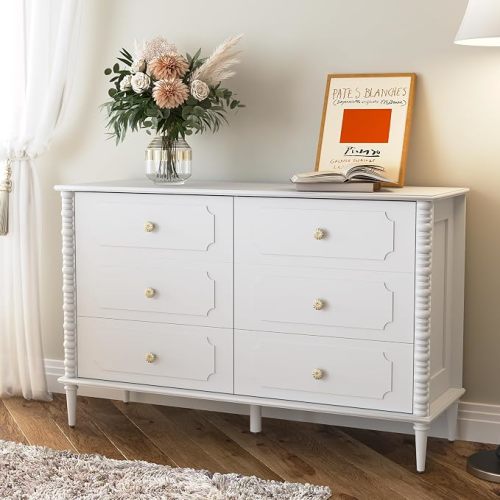 White 6 Drawer Dresser for Bedroom, 47" Wide Chest of Drawers with Turned Legs and Ceramic Knobs, Double Dresser, Wood Drawer Storage Organizer for Bedroom, Living Room, Hallway