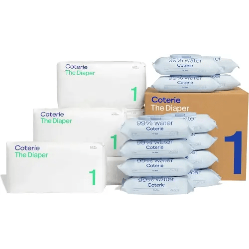 Coterie Baby Wipes + Diapers Kit, Size 1 Diapers (198 Count) & 12 Pack (672 Count) Baby Wipes with 99% Water, Plant Based Materials, Hypoallergenic for Sensitive Skin