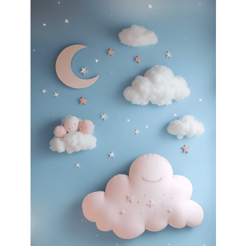 Pink Cloud and Moon Canvas Art Print， Suitable for Bedroom， Nursery， Living Room， Girl's Room， and Baby Room Decor