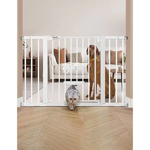 BABELIO 29-48" Extra Wide Baby Gate with Cat Door,Auto Close Metal Pet Door for Stairs, Doorways, House, Pressure/Hardware Mounted, Easy Walk Thru, White