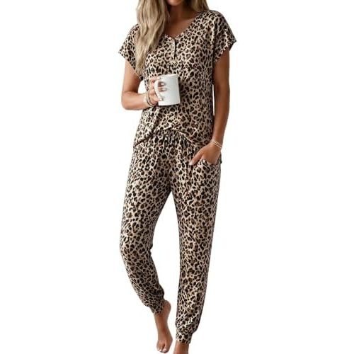 Ekouaer Viscose from Bamboo Women's Pajama Sets Super Soft Short Sleeve Button Top and Pants Pj Sleepwear Sets S-XXL