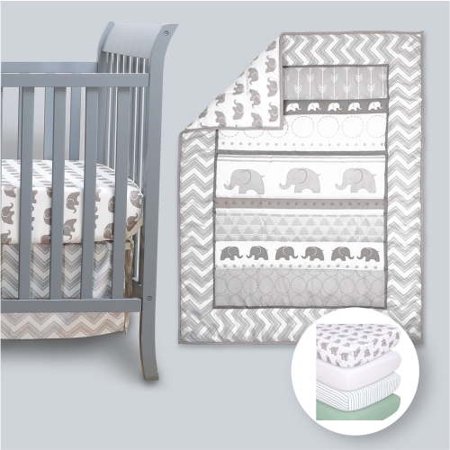 The Peanutshell Elephant Walk 7 Piece Baby Nursery Crib Bedding Set, Quilt, Crib Sheets, and Crib Skirt