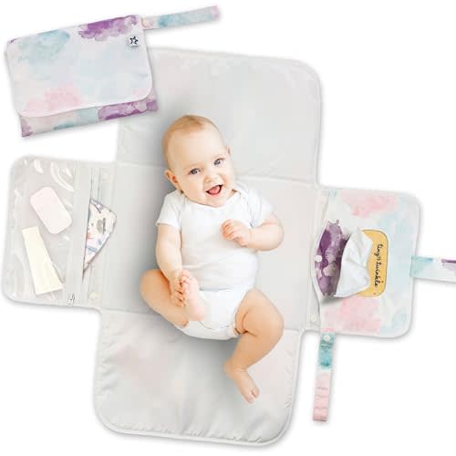 Tiny Twinkle Portable Diaper Changing Pad | Waterproof, Wipeable & Compact Baby Changing Pad for Travel | Smart Wipes Pocket & Organized Storage| Newborn Shower Gift (Cotton Candy)
