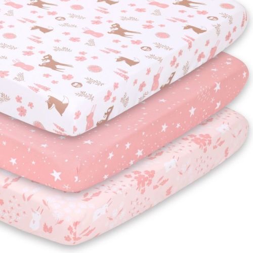 The Peanutshell Mini Crib Sheet Set for Girls - 3 Pack - Multiuse for Pack & Play, Playard, Playpen, Mini Crib, Pink Woodland Floral