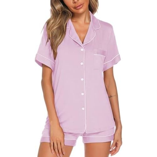 Aamikast Button Up Pajama Set for Women Shorts Short Sleeve Knit Sleepwear 2 Pice Pjs Sets