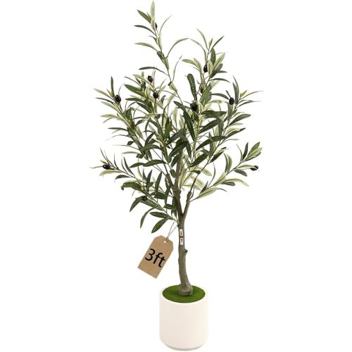 3FT Spherical Fake Olive Tree Artificial Indoor,Faux Olive Tree with Pot,Large Olive Branches and Lifelike Fruits,for Home Office House Living Room Decor.