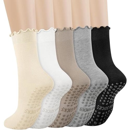 Ludaro 5 Pairs Pilates Yoga Socks with Grips for Women, Cute Cotton Ruffle Frilly Cuff Non Slip Grippy Athletic Crew Socks