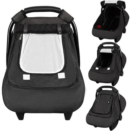 Winter Baby Car Seat Cover Waterproof, Windproof Car Seat Covers for Newborns with Double-Layer Window, Infant Car Seat Canopy for Girls with Minky Dot Backing, Keeps Babies Warm and Cozy, Black
