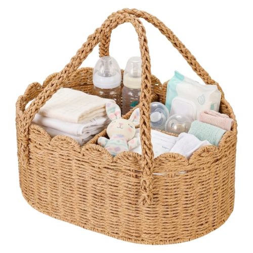 Woven Diaper Caddy for Baby, Paper Rope Storage Bin with Removable Divider, Baby Stuff Organizer for Nursery, Portable Car Storage Basket for Diapers, Baby Shower Gifts, Newborn Essentials Must Haves