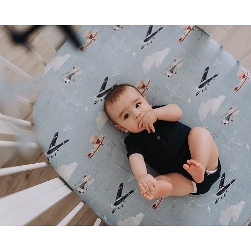 Crib Sheets Neutral - Fitted Baby Crib Sheets Bed for Girl Boy - 2 Pack Standard & Toddler Mattress - Buttery Soft Organic Cotton Blend (Airplanes in the Clouds)