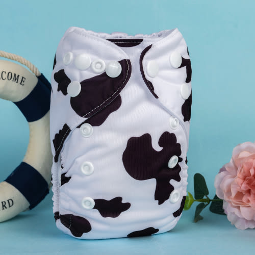 Newborn all In One Diaper with Pocket Sewn-in one Newborn 4-layer Bamboo blend insert-Cow (SAO-A10A)