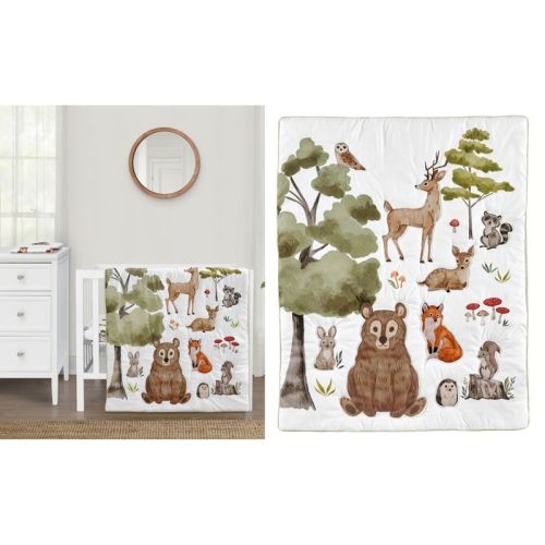 Sweet Jojo Designs Boy Girl Gender Neutral Unisex Baby Mini Crib Bedding Set - Watercolor Woodland Forest Animals Orange Green and Brown 3pc