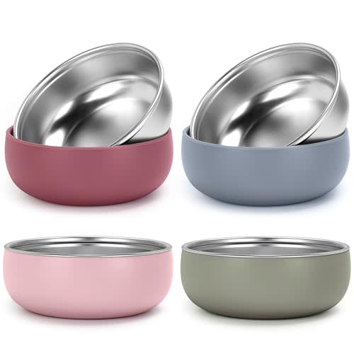 ShineMe 4 pack Toddler Bowls, 5 Inches Wide Stainless Steel Bowls for Kids with Removable Colorful Silicone Sleeve, Unbreakable Baby Bowls for Candy, Soup, Salad, Yogurt, Ice Cream, Snacks...