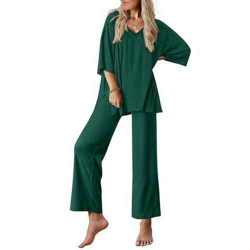 Ekouaer Lounge Sets for Women Pajamas Set Short Sleeve Tops and Long Pants Soft 2 Piece Outfits with Pockets S-XXL