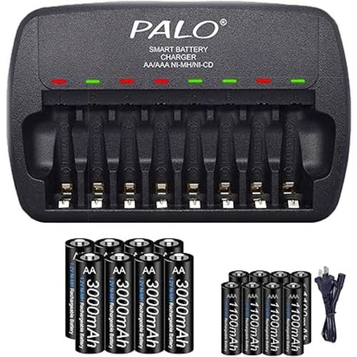 Rechargeable AA and AAA Batteries with Charger, 8 Pack aa 3000mAh with 8 Pack AAA 1100mAh Low Self Discharge Ni-MH Batteries with Smart 8 Bay Independent Fast Battery Charger (AA+AAA)