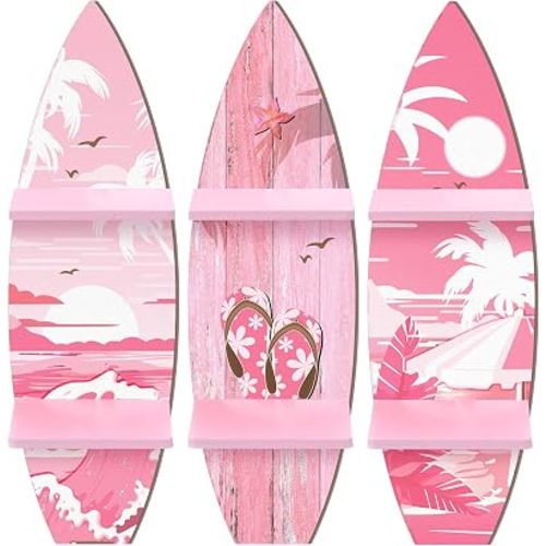 Lineshading 3 Pcs Surfboard Wall Decor Wooden Surfboard Wall Shelf Hanging Sign with Shelf Summer Beach Decoration Decorative Shelves for Home Room Tropical Birthday Party(Pink)