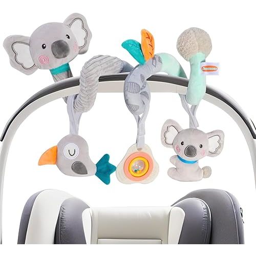 Baby Spiral Car Seat Toy, Stroller Hanging Sensory Toy for Newborn 0-12 Months, Soft Plush with Rattle Crinkle Teether, Koala Bird Activity Toy for Infant Boys Girls