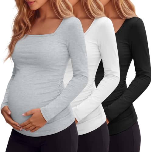 3 Pack Womens Maternity Long Sleeve Shirt | Pregnancy Side Ruched Fitted Top, Mama Square Neck Cotton Blend Tee, Tunic Knit Casual Work Shirt, Fall Winter Layer Clothes