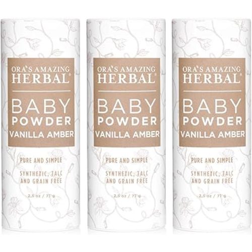 Baby Powder Talc-Free, Real Vanilla Amber Natural Scent, Cornstarch Free Arrowroot and Clay Based Powder, Synthetic Fragrance Free, Ora's Amazing Herbal, 2.5 oz 3 Pack