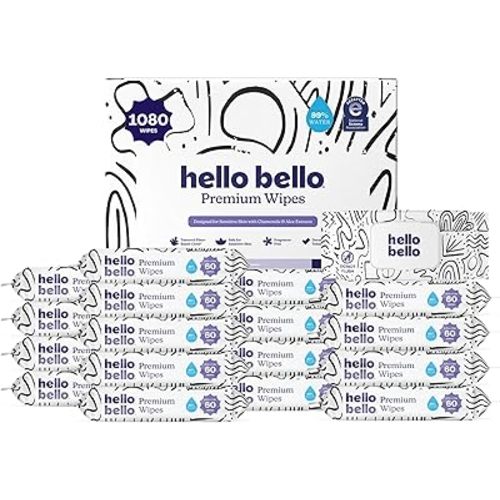 Hello Bello Premium Wipes, Designed for Sensitive Skin with Chamomile & Aloe Extracts, Playful Sketches (18 Resealable Packets = 1080 Total Wipes)