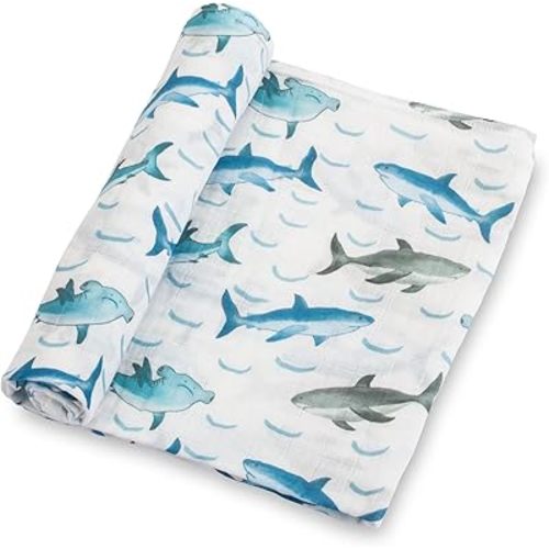 LollyBanks Baby Blanket for Boys, 100% Cotton Muslin Swaddle Blankets, 47 x 47 Inches Soft and Breathable Receiving Blankets, Cozy Newborn Swaddle, Baby Essentials, Registry (Shark Print)