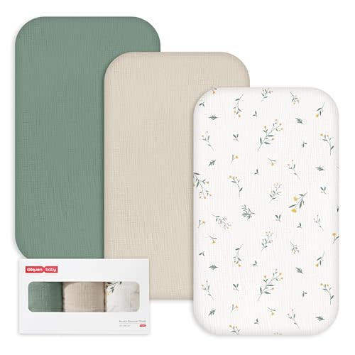 Gllquen Baby 3-Pack Muslin Cotton Bassinet Sheets, 33"x20" Bedside Sleeper | Compatible with Baby Delight, Newton, Dream on Me Rectangle Bassinet Mattress, Oeko-TEX Fitted Crib Sheets Green Leaf Boy