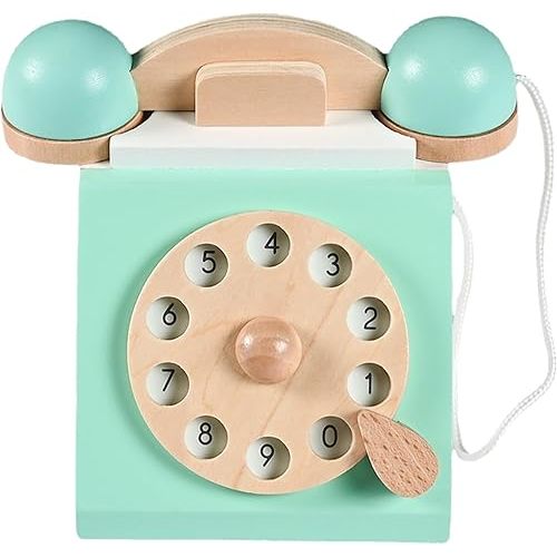 Blue Retro Wooden Toy Telephone Realistic Pretend Play Interactive Learning Phone for Kids