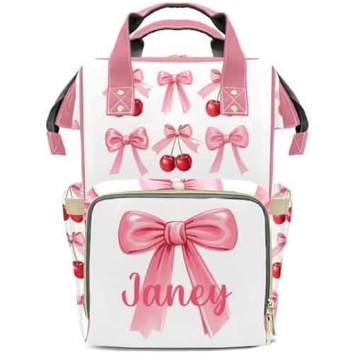 Bow Large Capacity Custom Diaper Bag for Baby Girls Boys with Name Multifunctional Mom Personalized Diaper Bag Backpack Waterproof Women Customized Daypack Nappy Bag