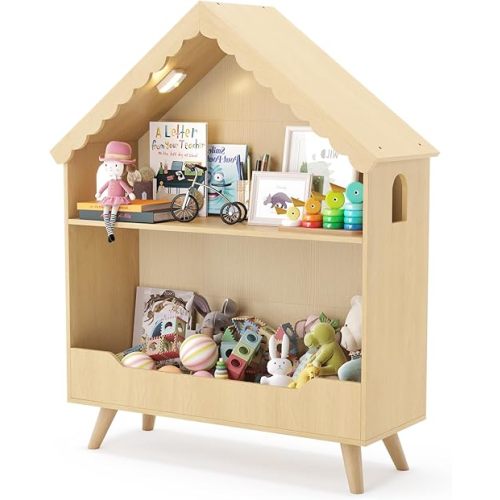 Curipeer Kids Dollhouse Bookshelf, Wooden Bookcase Storage with Motion-Activated Light, 2-Tier Open Display Organizer for Toys and Books, Baby Bookshelf for Birthday, Christmas, Natural Wood Color