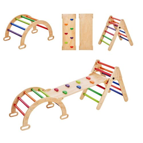 VEVOR Pikler Triangle Set, 5 in 1 Toddler Climbing Toys Indoor Playground, Ramp, and Arch, Montessori Climbing Set for Toddlers 1-3 Years, Colorful