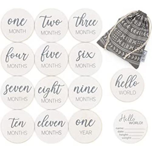 Natural Baby Milestone Discs - White Stain Wood Milestone Disc Set with Bag and Hello World Announcement Card - 13 Wooden Milestones Cards, Newborn Monthly First Year Picture Props, 1-12 Months