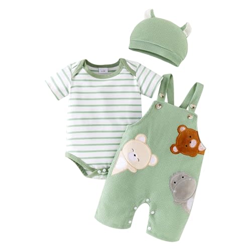 Baby Boy Clothes Newborn Striped Romper Infant Bear Suspender Overall Cute Hat 3Pcs Set Summer Outfits 0-18 Months