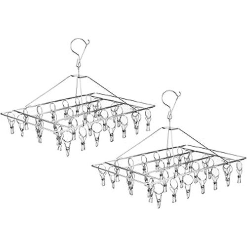 KEILEOHO 2 Pack 16 x 12 Inches Clothes Drying Rack, 72 Clips Stainless Steel Clip and Drip Hangers, Wind-Proof Clothes Hanger Rack Laundry Accessories for Towels, Bras, Underwear, Silver