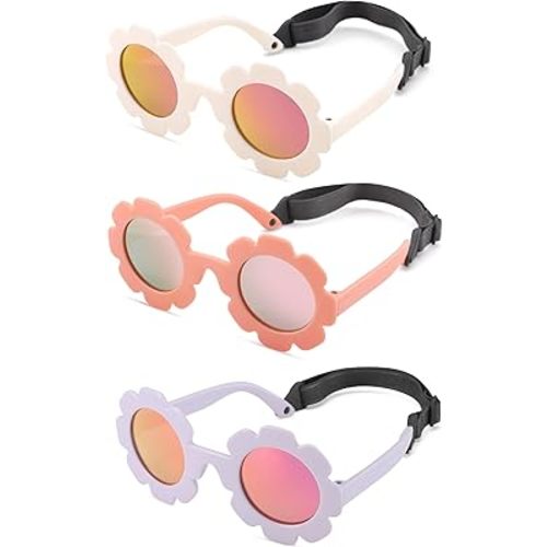 Polarized Baby Sunglasses with Strap - Unbreakable Infant Flowers Sunglasses for Newborn Girls Boys Age 0-12 Months