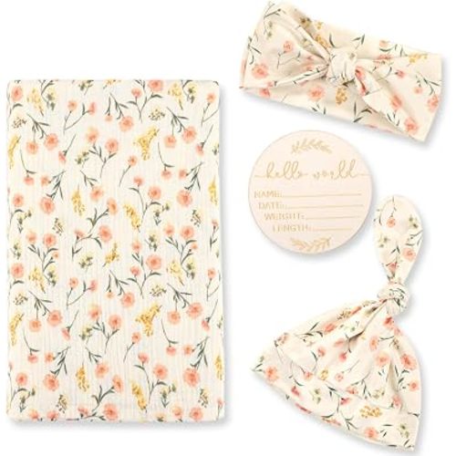 Hooyax Muslin Swaddle Blanket 4-Piece Set for Newborn Girl, Large Size 47 × 47 Inches Baby Receiving Blanket Wrap, Infant Swaddles with Matching Headband & Beanie Hat(Pink Flower)