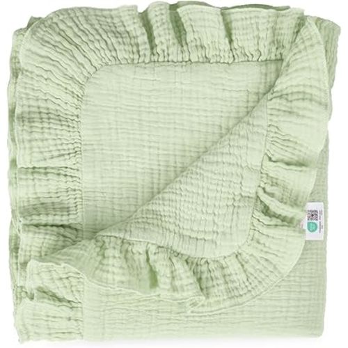 lulumoon Muslin Ruffle Baby Blanket - Soft Breathable 100% Cotton Newborn Wrap for Stroller Travel & Car Seat - Ideal for Nursery Decoration & Photo Prop 40"x36"(Green)